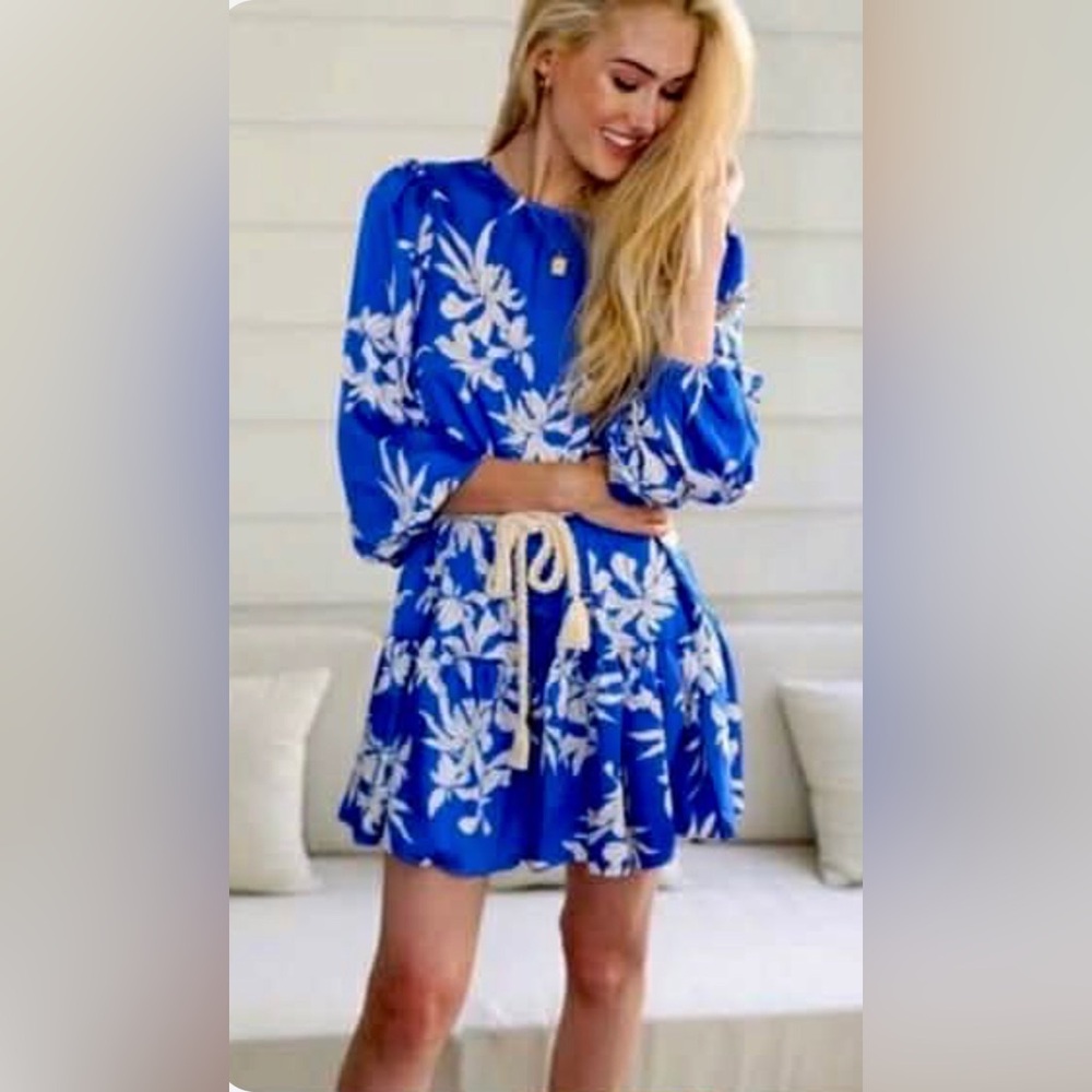ALEXIS Satin Blue & White Floral Mini Dress Balloon Sleeves Rope Tie Belt S